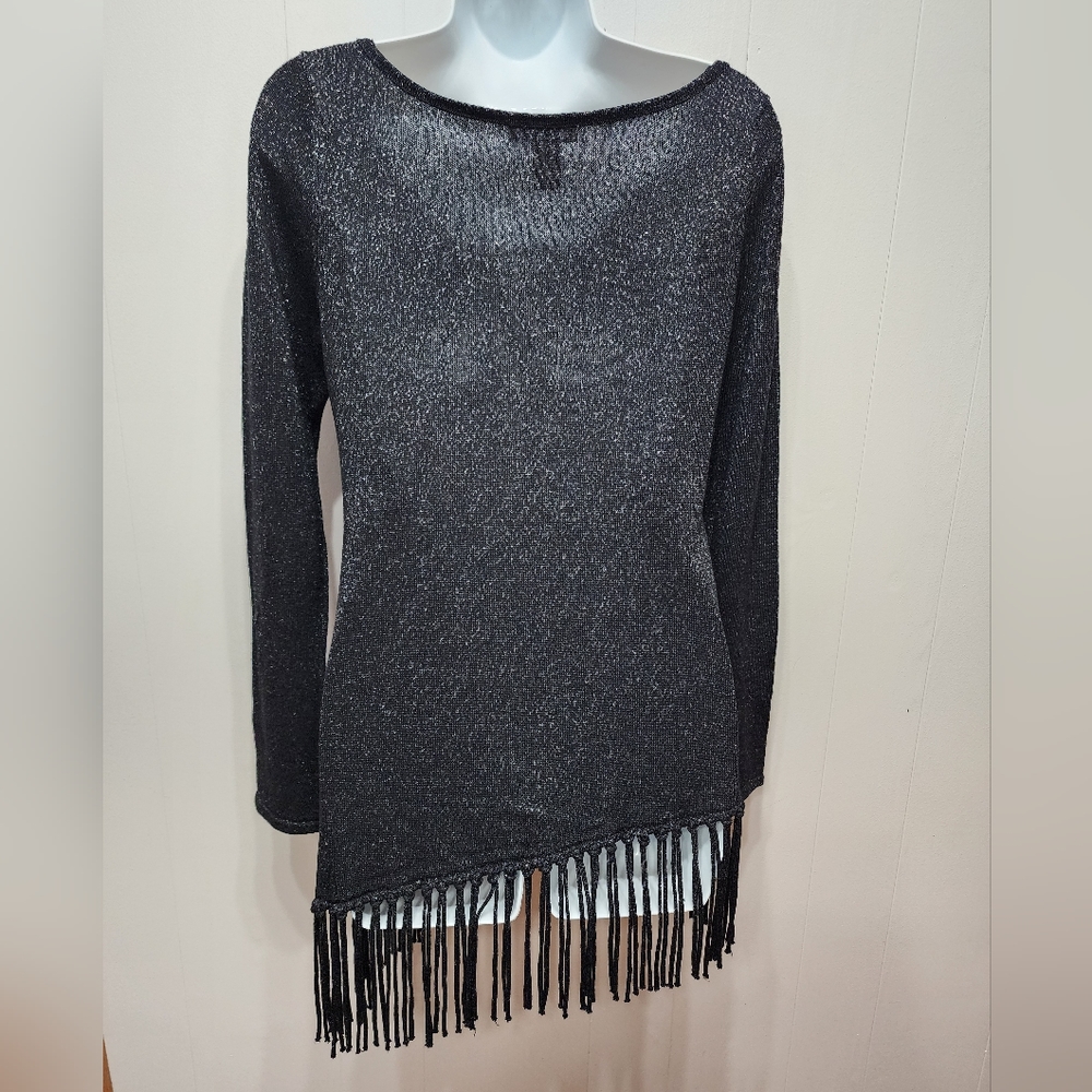 WHBM Sweater Small Black Metallic Fringe Asymmetrical Hem Long Sleeves B424 - Picture 3 of 5